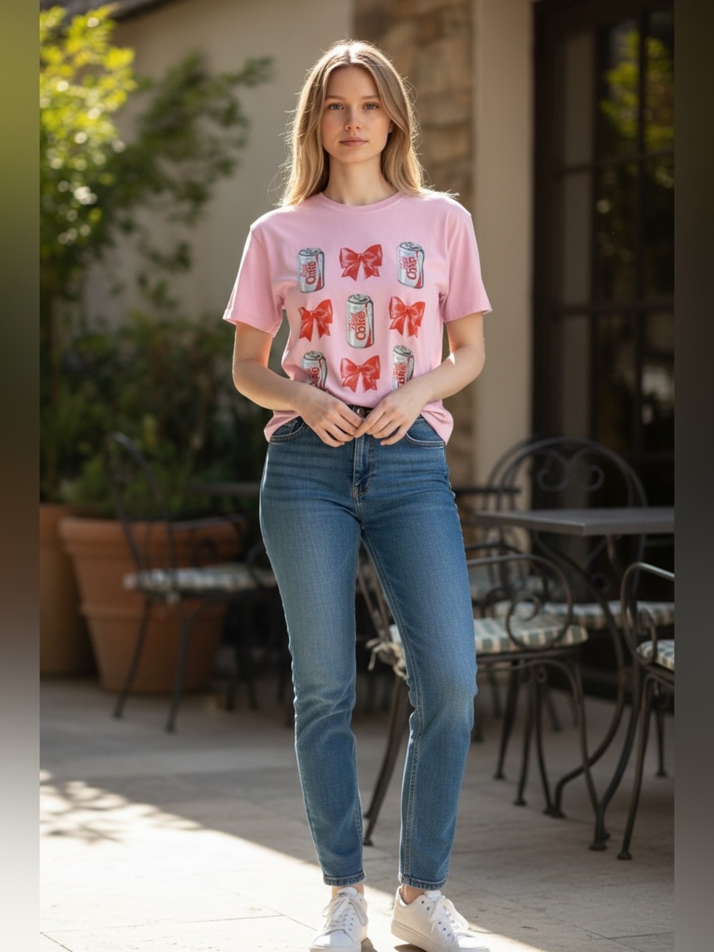 💯 Cotton Coca Cola Women’s Graphic Tee with Red Bow & Soda Can Motif